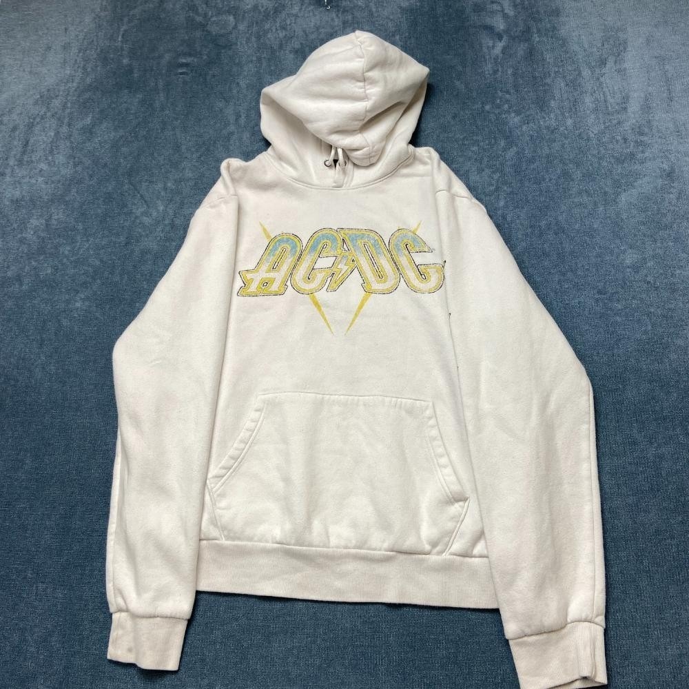 AC/DC Hoodie Women Large White Fleece Lined Yellow Lightning Bolts Graphic Print